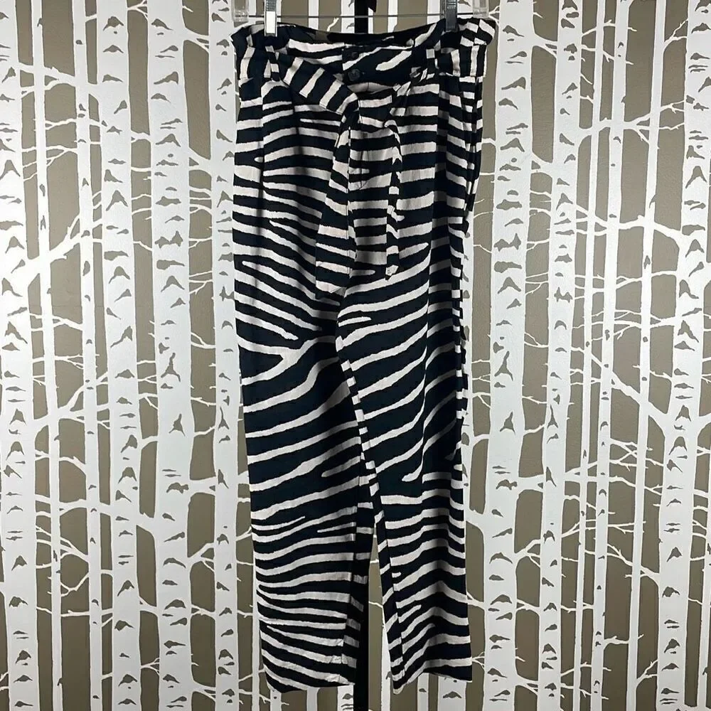 Linen Blend Zebra Print High Rise Paper Bag Waist Tapered Cropped Pants NEW 6